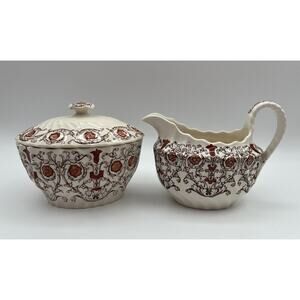 Spode Copeland Sorrento Floral Creamer & Lidded Sugar w Red Orange Flowers